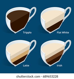 Four isometric cups of coffee in a cut: Tripplo, Flat White, Latte, Irish. Coffee collection isolated on blue. Perfect for menu. Different coffee drinks.