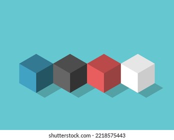 Four isometric different cubes on turquoise blue background. Variety, diversity, teamwork, individuality and community concept. Flat design. EPS 8 vector illustration, no transparency, no gradients