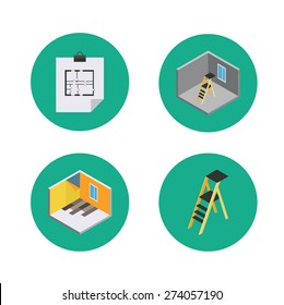 Four isometric icons for the repair and construction of houses / flats