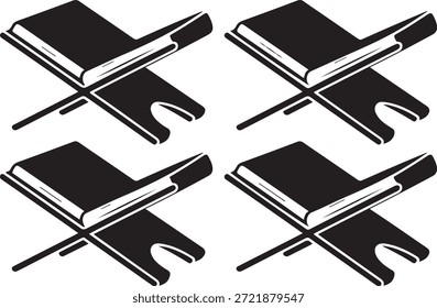 Cuatro ilustraciones isométricas de libros abiertos con marcadores simple diseño en blanco y negro