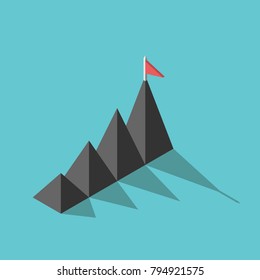 Cuatro montañas o pirámides isométricas bajas y altas y bandera roja sobre fondo azul turquesa. Objetivo, carrera y concepto de etapas. Diseño plano. Ilustración vectorial, sin transparencia, sin degradados