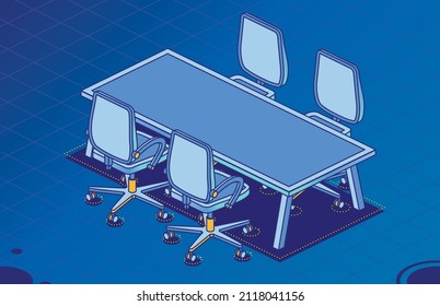 Cuatro sillas de oficina isométricas sobre ruedas y mesa moderna con cuatro piernas. Ilustración vectorial. Sillas de escritorio. Mobiliario para el interior. Escritorio vacío. Objetos en fondo azul. Consejo de Administración.