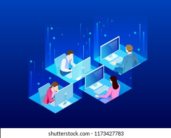 Four isometric office workers in the office. Bussines co-working space concept. Business colleagues working at a busy open plan office.