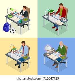 Four isometric pictures on the subject of training. A boy, teenager, man, old man sits at a table with books and writes. Scientist, teacher and student. Homework or Lesson Isolated on white background