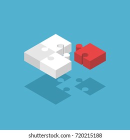 Four isometric puzzle pieces, three white and one red on blue background with drop shadow. Teamwork, cooperation, leader and solution concept. Flat design. Vector illustration. EPS 8, no transparency