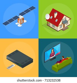 Four isometric web concepts a house with an antenna, satellite, a TV tuner, a man watching television. Wireless Technology and Global communication