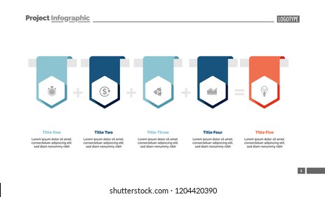 Four items sum process chart slide template. Business data. Result, option, design. Creative concept for infographic, presentation, report. Can be used for topics like banking, finance, accounting.