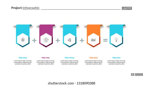 Four items sum process chart slide template. Business data. Result, option, design. Creative concept for infographic, presentation, report. Can be used for topics like banking, finance, accounting.