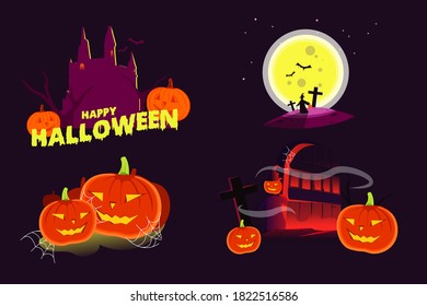 cuatro jack o linterna de activos usados para el contenido de halloween en fondo morado oscuro