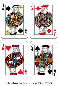 Four Jacks figures inspired by playing cards french tradition. All the figures are inside a playing card frame