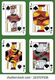 Four Jacks of Spades in four different styles on a green background