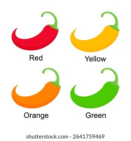 Four jalapeno Pepper Various Colors. Red green orange and yellow. Colorful Pepper Icon. Vector Illustration
