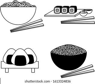 four japanese dishes in simple sketch style: ramen, sushi, onigiri and rice