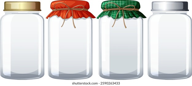 Four jars with colorful, patterned fabric lids