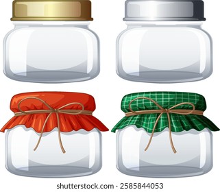 Four jars with vibrant, patterned fabric covers