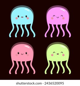 Four jellyfish icon set. Cute kawaii cartoon funny baby character. Smiling face. Pink blue, purple color. Sea ocean animal. Kids tshirt, sticker print. Black background. Flat design. Vector