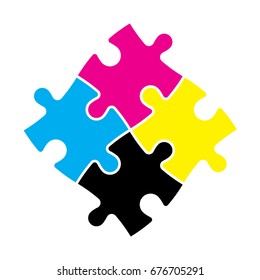 Four jigsaw puzzle pieces in CMYK colors. Printer theme. Vector illustration.