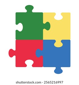 Four jigsaw puzzles in blue, yellow, green and red colors square isolated on white background. Hand drawn vector illustration in flat style. Autism spectrum disorder concept, children inclusivity
