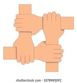 Four joined hands. Synergy concept. Vector illustration.