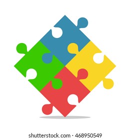 Four joined puzzle pieces of various colors isolated on white. Teamwork, cooperation and solution concept. Flat design. Vector illustration. EPS 8, no transparency