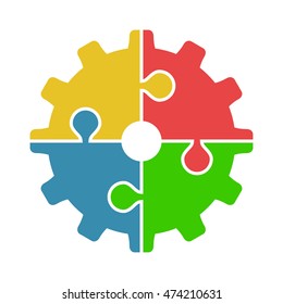 Four Joined Puzzle Pieces Of Various Colors Forming Cog Isolated On White Background. Teamwork, Cooperation And Industry Concept. Flat Design. Vector Illustration. EPS 8, No Transparency