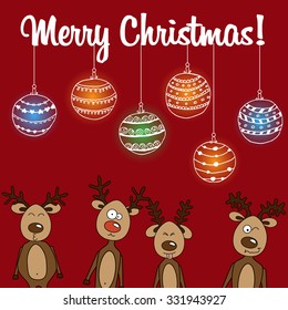 Four Jolly colorful reindeer watching Christmas red card background. Simple colored illustration. Cute cartoon reindeer comic. Christmas postcard deer comic. Xmas ball Doodle.