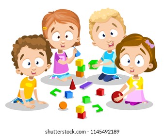 Four joyful kids are playing with colorful cubes. Two boys and two girls of the same age playing with constructor and with ball. Multi-colored illustration of happy kids on white background