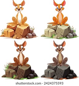 Four kangaroos with different expressions on rocks.