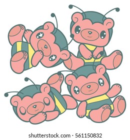 Four kawaii cartoon bears in manga style. Fulcolor hand drawing illustration. Background image for book or card for children. Cute little teddy-bears in bees costumes,  printing for textile design.