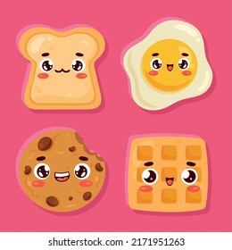 four kawaii food comic character