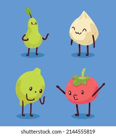 four kawaii healthy food characters