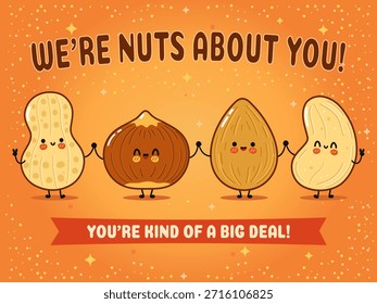 Quatro kawaii noz caracterspeanut, avelã, amêndoa, casheatacando mãos em um fundo laranja, sorrindo e compartilhando um brincalhão somos loucos sobre você sentimento