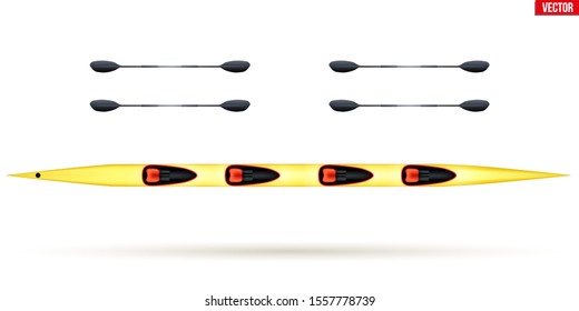 Four Kayak and paddle for water sports. Top view of Equipment whitewater sprint kayaking. Vector Illustration isolated on white background.