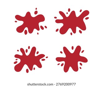 Four ketchup splash variations on white background, array of irregular handdrawn silhouettes, vectorready elements for packaging and menu design, highcontrast red marks perfect for playful branding