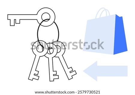 Four keys on a ring with a blue shopping bag displaying the letter S and an arrow pointing left. Ideal for security, shopping, navigation, e-commerce, marketing. Simple modern outline style