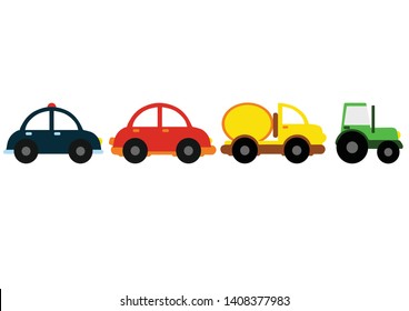 four kids cartoon cars (red, yellow, green, blue). small toy car