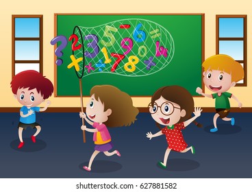 Four kids catching numbers in classroom illustration
