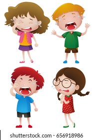 Four kids crying with tears illustration