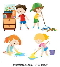Four kids doing different chores at home illustration