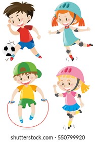 Four kids doing different sports illustration