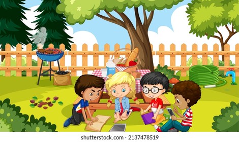 Four kids doing homework in garden illustration