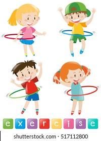 Four kids exercising with hulahoop illustration