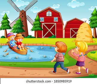 Four kids in the farm with red barn and windmill scene illustration