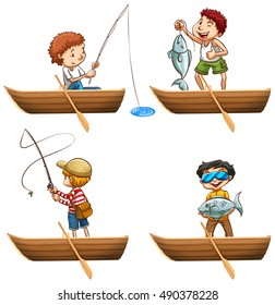 Four kids fishing from boats