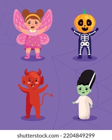 four kids with halloween customes
