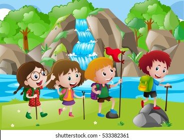 Four kids hiking along the river illustration