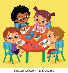 Four kids in kindergarten happily drawing colorful pictures. Vector illustration.