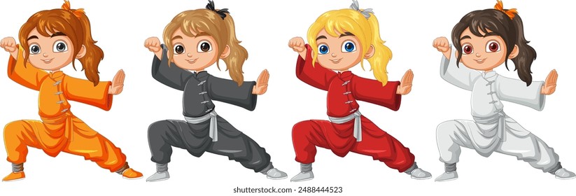 Cuatro niños en poses de artes marciales