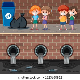 Four kids with mask standing by the dirty canel illustration