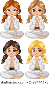 Four kids meditating in martial arts uniforms